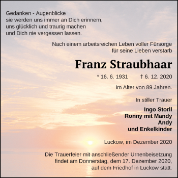 Traueranzeige von Franz Straubhaar von Haff-Zeitung