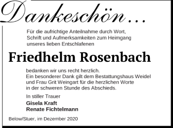 Traueranzeige von Friedhelm Rosenbach von Müritz-Zeitung