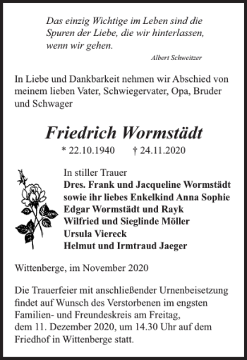 Traueranzeige von Friedrich Wormstädt von Der Prignitzer