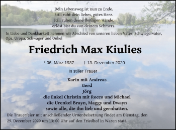 Traueranzeige von Friedrich Max Kiulies von Müritz-Zeitung