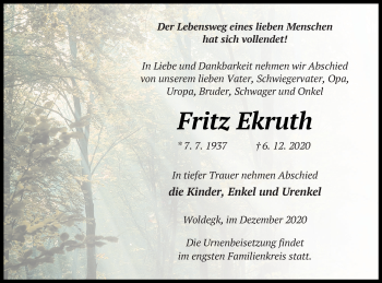 Traueranzeige von Fritz Ekruth von Strelitzer Zeitung