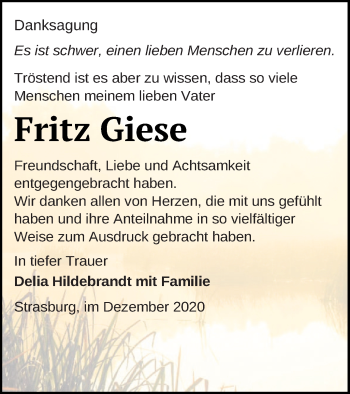 Traueranzeige von Fritz Giese von Pasewalker Zeitung