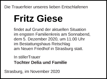 Traueranzeige von Fritz Giese von Pasewalker Zeitung