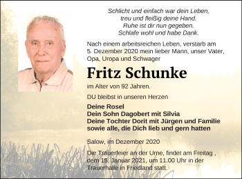 Traueranzeige von Fritz Schunke von Neubrandenburger Zeitung