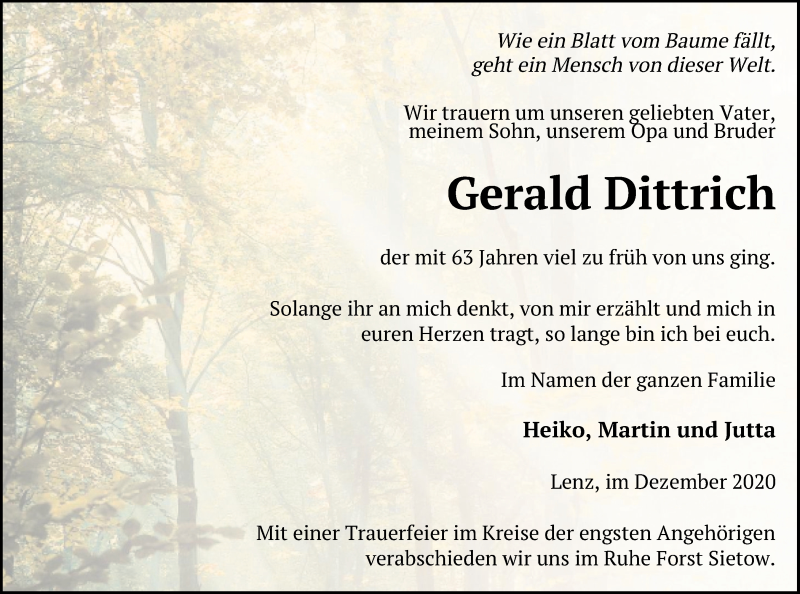  Traueranzeige für Gerald Dittrich vom 29.12.2020 aus Müritz-Zeitung