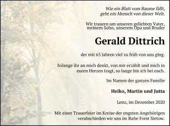 Traueranzeige von Gerald Dittrich von Müritz-Zeitung