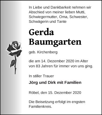 Traueranzeige von Gerda Baumgarten von Müritz-Zeitung