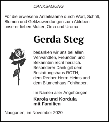 Traueranzeige von Gerda Steg von Prenzlauer Zeitung