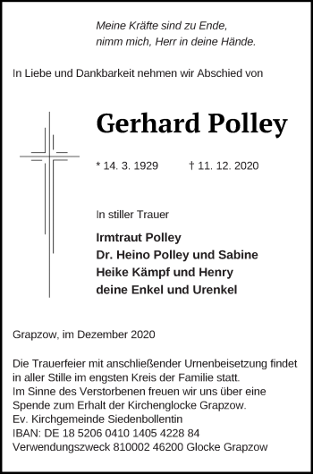 Traueranzeige von Gerhard Polley von Neubrandenburger Zeitung