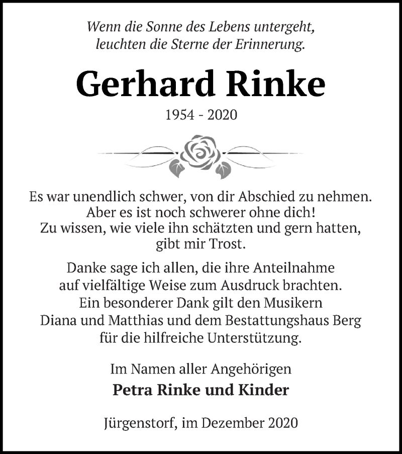  Traueranzeige für Gerhard Rinke vom 18.12.2020 aus Mecklenburger Schweiz