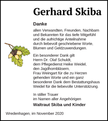 Traueranzeige von Gerhard Skiba von Müritz-Zeitung