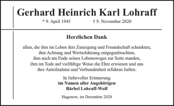 Traueranzeige von Gerhard Heinrich Karl Lohraff von Hagenower Kreisblatt