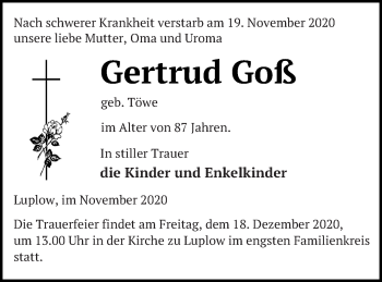 Traueranzeige von Gertrud Goß von Neubrandenburger Zeitung