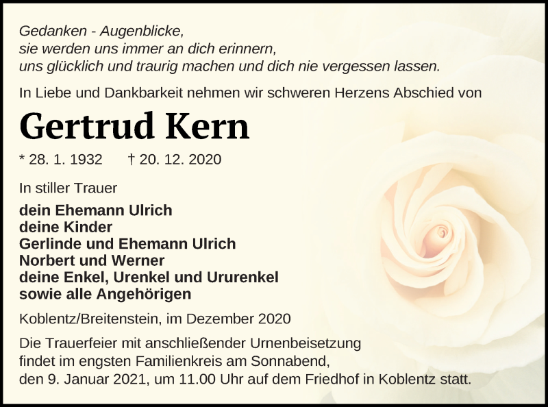  Traueranzeige für Gertrud Kern vom 24.12.2020 aus Pasewalker Zeitung