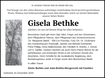 Traueranzeige von Gisela Bethke von Prenzlauer Zeitung