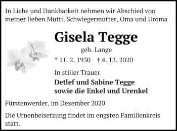 Traueranzeige von Gisela Tegge von Prenzlauer Zeitung