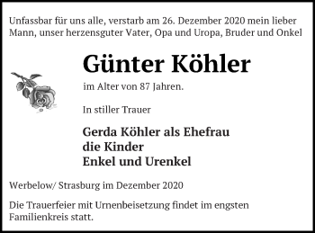 Traueranzeige von Günter Köhler von Pasewalker Zeitung