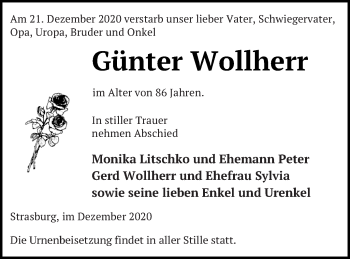 Traueranzeige von Günter Wollherr von Pasewalker Zeitung