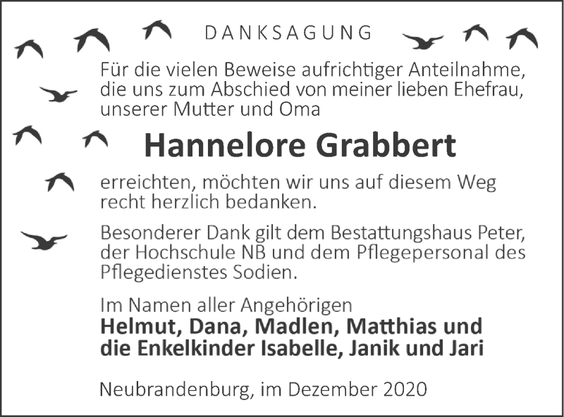  Traueranzeige für Hannelore Grabbert vom 18.12.2020 aus Neubrandenburger Zeitung