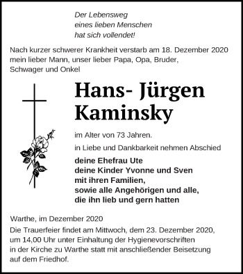 Traueranzeige von Hans-Jürgen Kaminsky von Templiner Zeitung