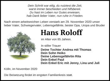 Traueranzeige von Hans Roloff von Neubrandenburger Zeitung