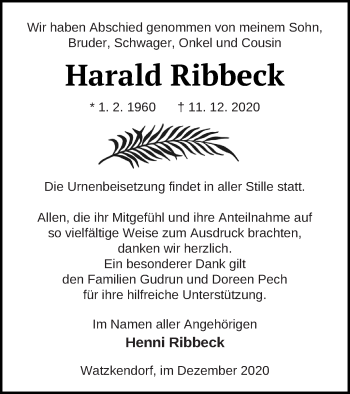 Traueranzeige von Harald Ribbeck von Strelitzer Zeitung