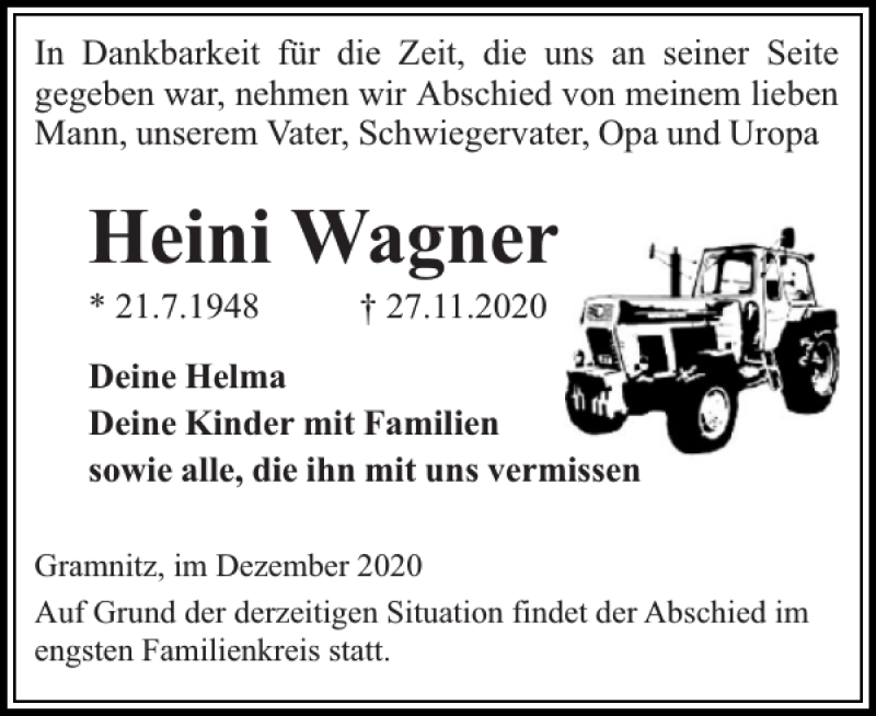  Traueranzeige für Heini Wagner vom 05.12.2020 aus Hagenower Kreisblatt