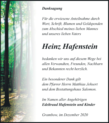 Traueranzeige von Heinz Hafenstein von Pasewalker Zeitung