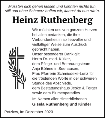 Traueranzeige von Heinz Ruthenberg von Prenzlauer Zeitung