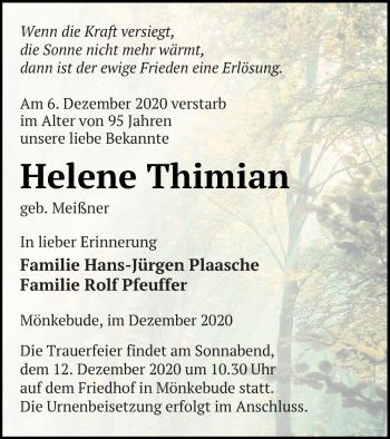 Traueranzeige von Helene Thimian von Haff-Zeitung