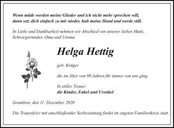 Traueranzeige von Helga Hettig von Pasewalker Zeitung