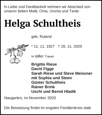 Traueranzeige von Helga Schultheis von Prenzlauer Zeitung