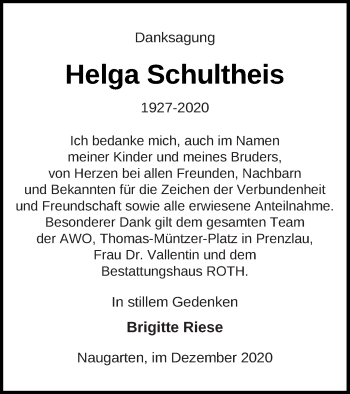 Traueranzeige von Helga Schultheis von Prenzlauer Zeitung