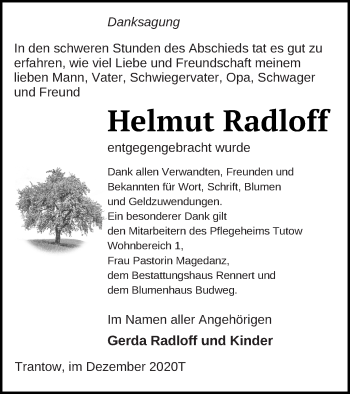 Traueranzeige von Helmut Radloff von Vorpommern Kurier