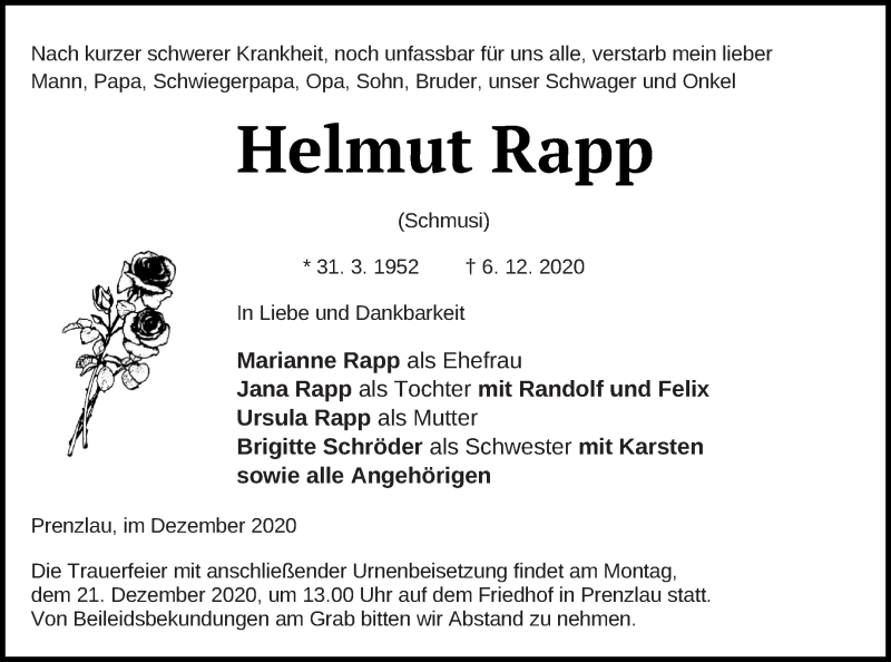 Traueranzeige für Helmut Rapp vom 11.12.2020 aus Prenzlauer Zeitung