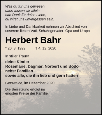 Traueranzeige von Herbert Bahr von Templiner Zeitung