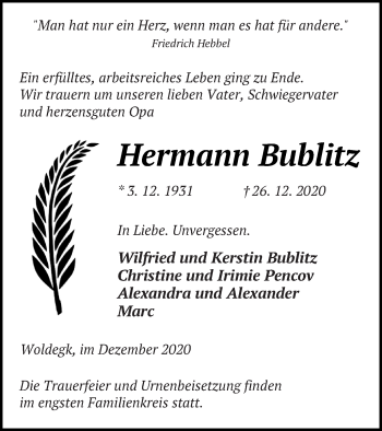 Traueranzeige von Hermann Bublitz von Strelitzer Zeitung