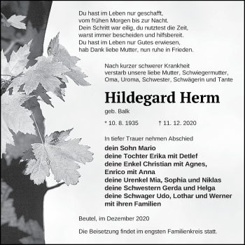 Traueranzeige von Hildegard Herm von Templiner Zeitung