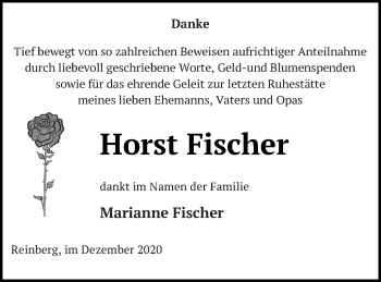 Traueranzeige von Horst Fischer von Mecklenburger Schweiz