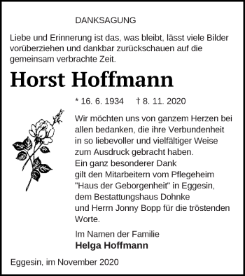 Traueranzeige von Horst Hoffmann von Haff-Zeitung