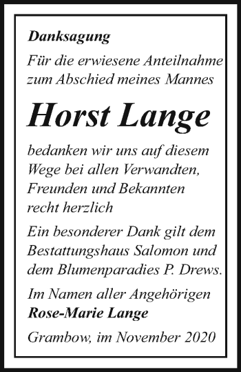 Traueranzeige von Horst Lange von Pasewalker Zeitung