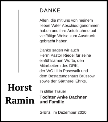 Traueranzeige von Horst Ramin von Pasewalker Zeitung