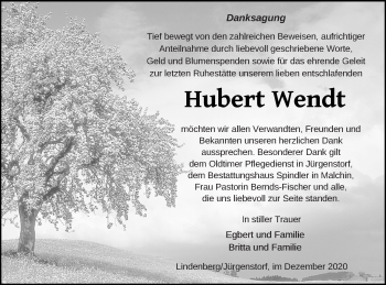 Traueranzeige von Hubert Wendt von Demminer Zeitung