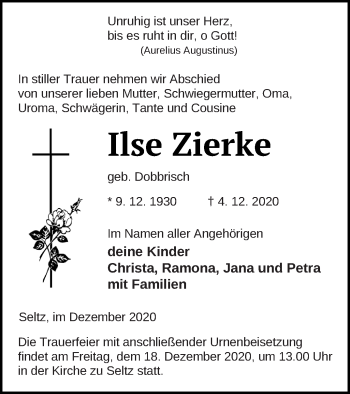 Traueranzeige von Ilse Zierke von Müritz-Zeitung