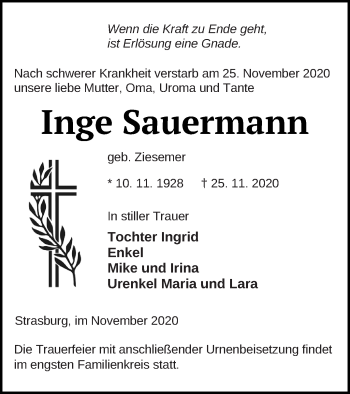 Traueranzeige von Inge Sauermann von Pasewalker Zeitung