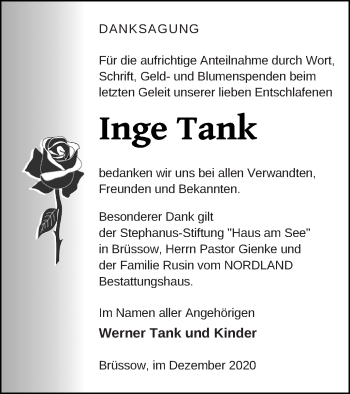 Traueranzeige von Inge Tank von Prenzlauer Zeitung