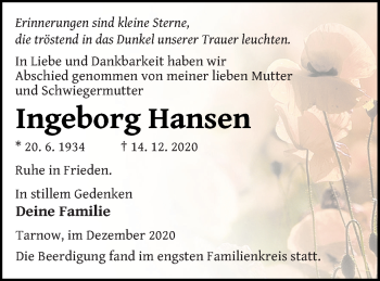 Traueranzeige von Ingeborg Hansen von Neubrandenburger Zeitung