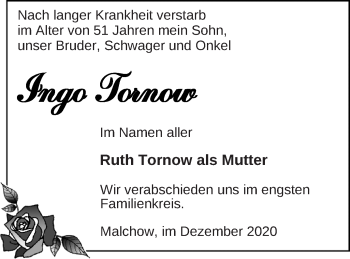 Traueranzeige von Ingo Tornow von Müritz-Zeitung