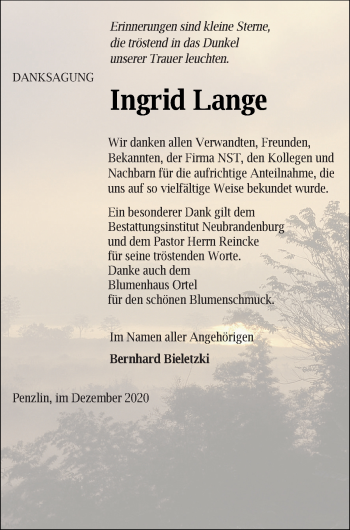 Traueranzeige von Ingrid Lange von Müritz-Zeitung