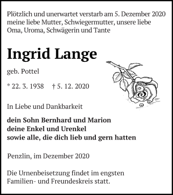 Traueranzeige von Ingrid Lange von Müritz-Zeitung